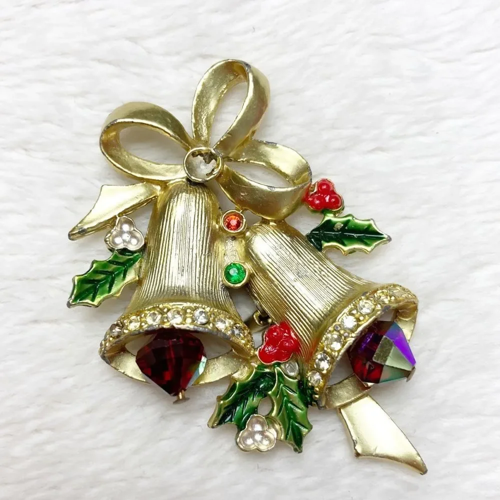 Gold tone bell pin brooch Christmas festive